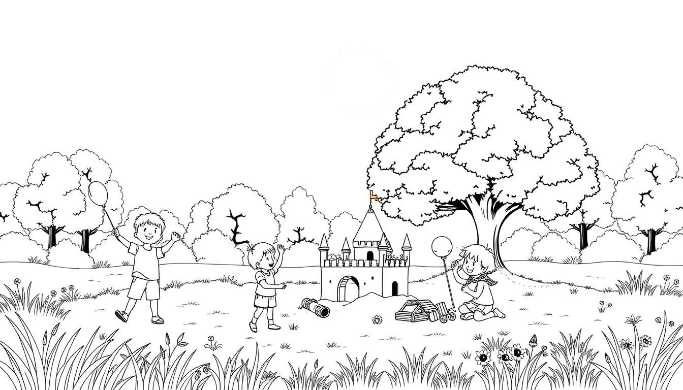 Page de coloriage : enfants jouant dans un parc avec un château de sable.