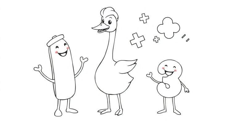 Dessin au trait de trois personnages de dessins animés : une pilule joyeuse, une oie souriante et le chiffre trois souriant, avec un nuage et des signes plus.
