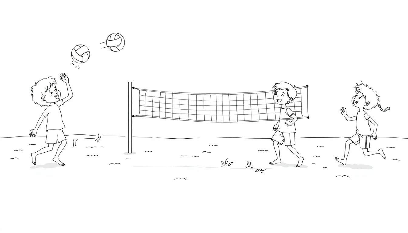 Trois enfants jouant au volley-ball sur la plage, un est prêt à frapper deux ballons, un autre est près du filet et sourit, et le troisième court avec un ruban.