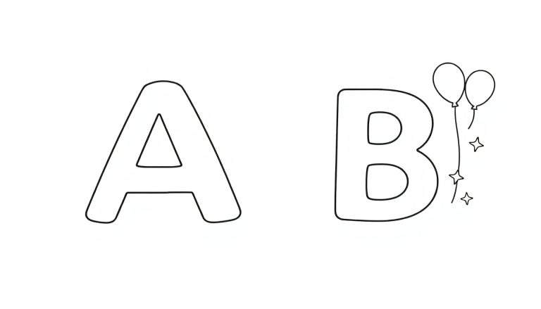 Les lettres A et B dans une police de caractères de style contour simple, avec deux ballons et des étoiles sur fond blanc. Le tout est présenté dans un color panel.