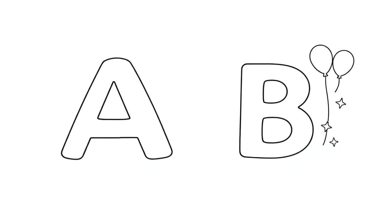 Les lettres A et B dans une police de caractères de style contour simple, avec deux ballons et des étoiles sur fond blanc. Le tout est présenté dans un color panel.
