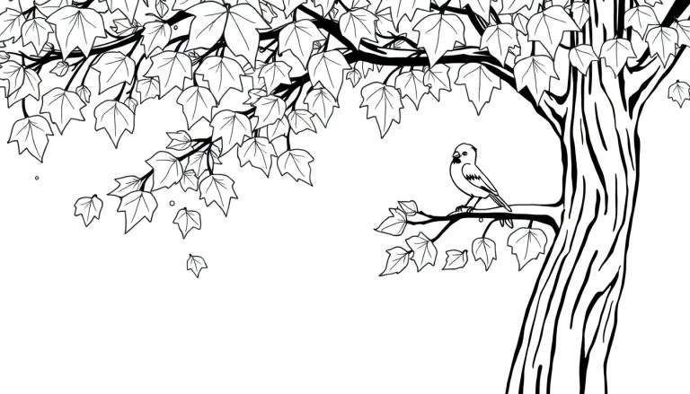 Arbre et oiseau dessinés au trait pour un color panel.