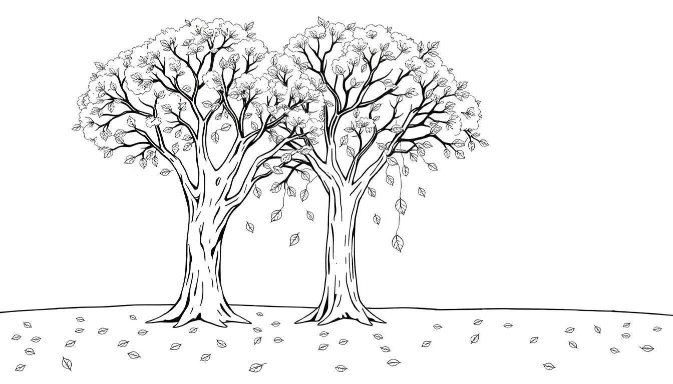 Deux grands arbres en noir et blanc, avec des feuilles tombant, sur un sol plat.