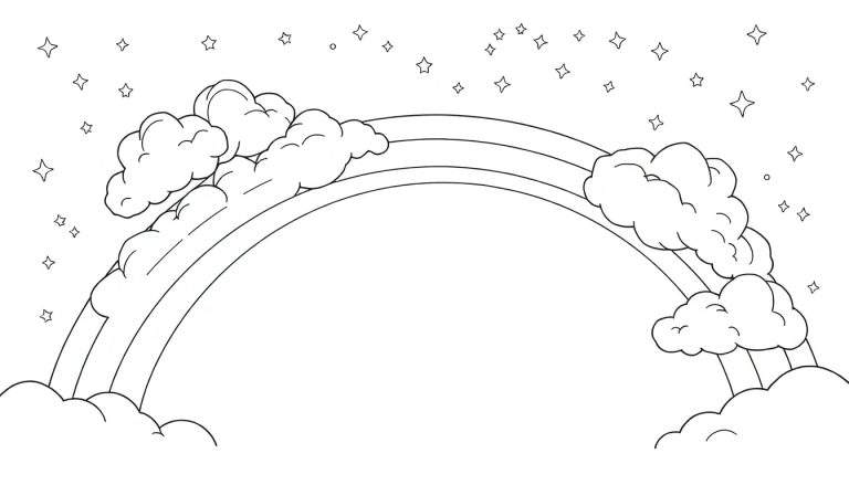 Un dessin au trait noir et blanc d'un arc-en-ciel avec des nuages et des étoiles, prêt à être coloré.