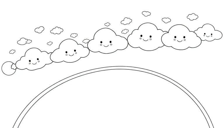 Un arc-en-ciel coloré avec des nuages souriants, un vrai panel de couleurs joyeuses.