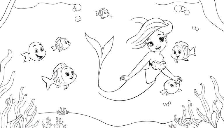 Dessin au trait d'Ariel la petite sirène nageant avec des poissons, prêt à être colorié sur un color panel.