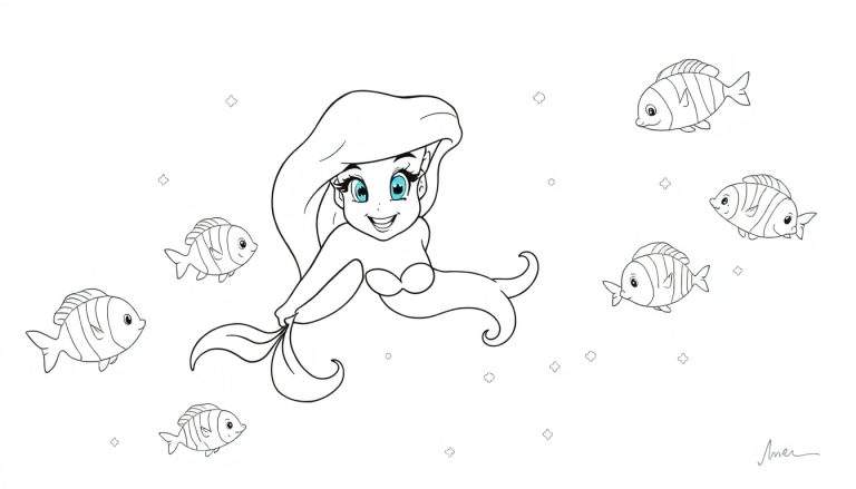 Dessin au trait d'une petite sirène souriante avec des poissons rayés, sur un color panel.