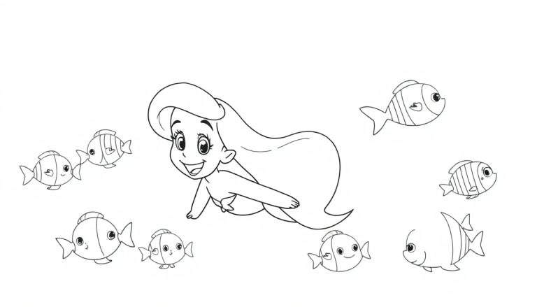 Une image en noir et blanc d'Ariel, la Petite Sirène, nageant joyeusement avec des poissons, son color panel est visible.
