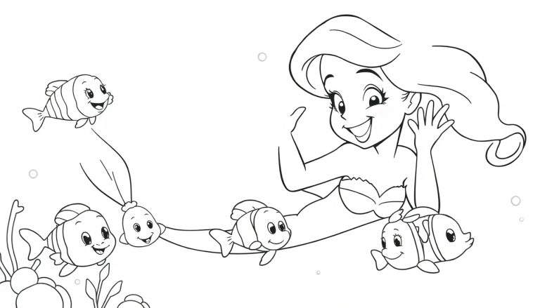 Dessin au trait d'Ariel la Petite Sirène avec des poissons souriants, idéal pour un color panel.