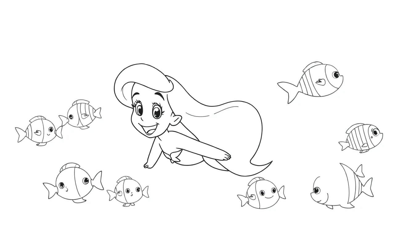 Une image en noir et blanc d'Ariel, la Petite Sirène, nageant joyeusement avec des poissons, son color panel est visible.