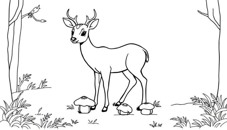 Dessin en noir et blanc d'un cerf dans une forêt, destiné à être une assiette de coloriage.