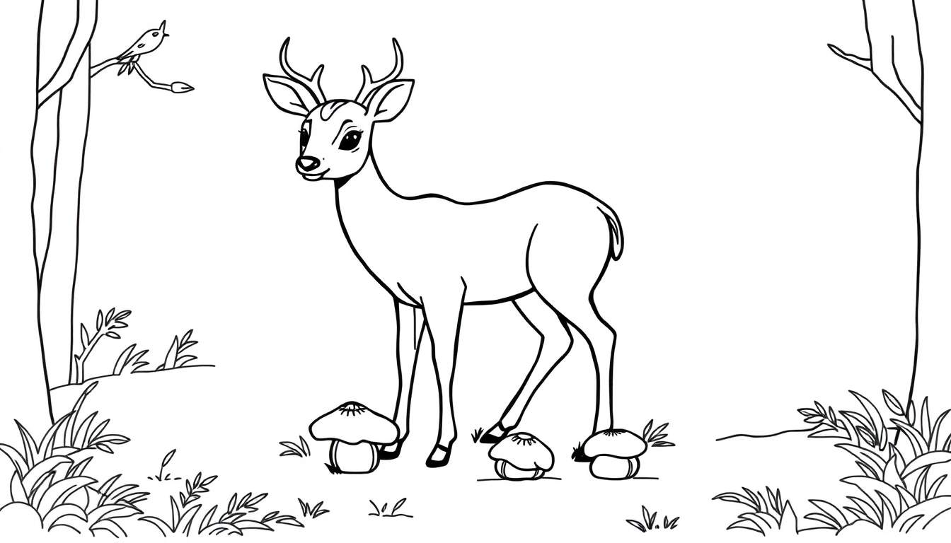 Dessin en noir et blanc d'un cerf dans une forêt, destiné à être une assiette de coloriage.