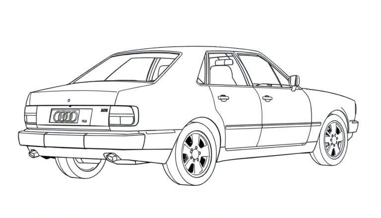 Dessin au trait simple d'une berline Audi classique, vue de trois quarts arrière, prête à être colorée sur un tableau de coloriage.