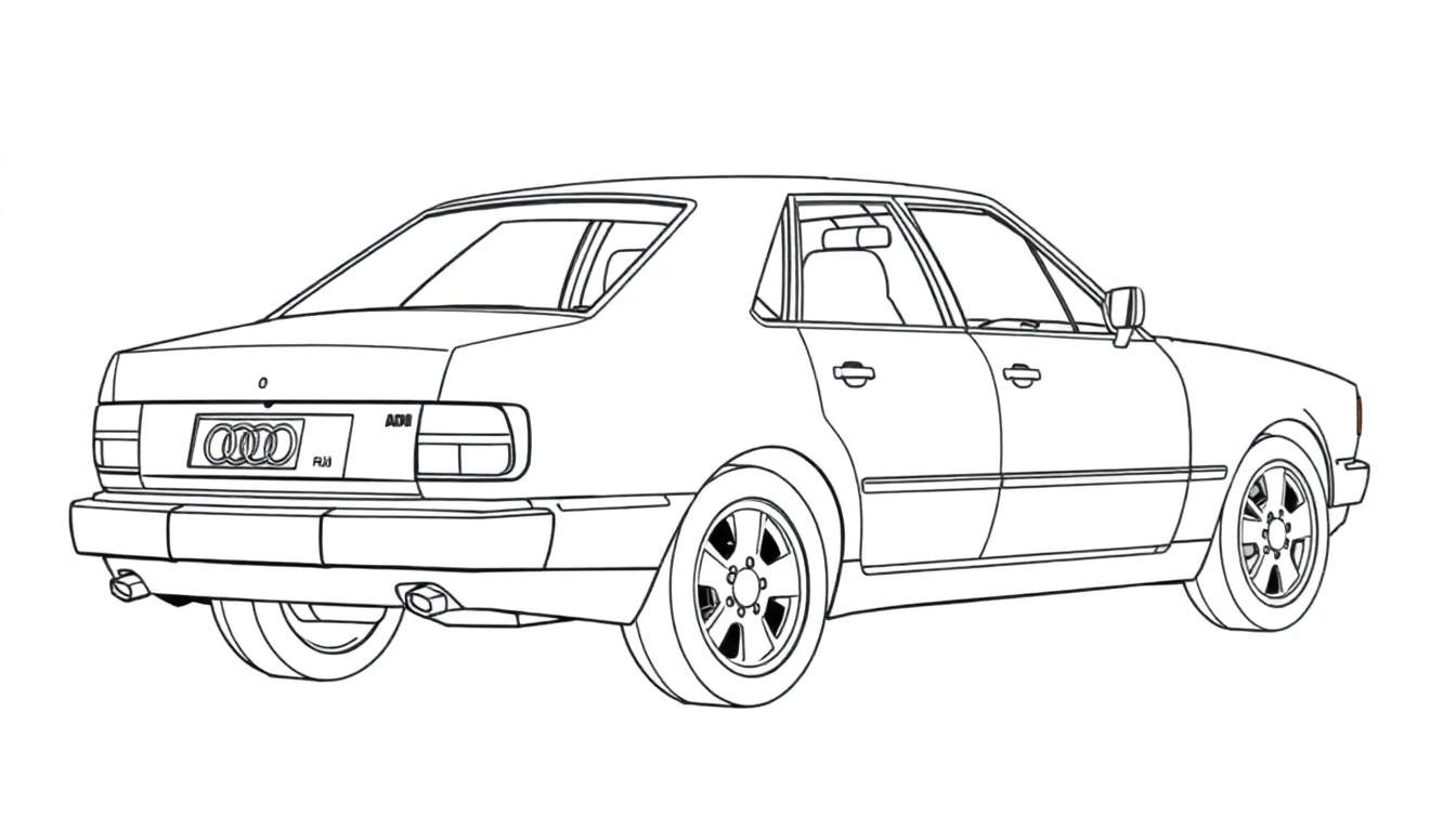 Dessin au trait simple d'une berline Audi classique, vue de trois quarts arrière, prête à être colorée sur un tableau de coloriage.