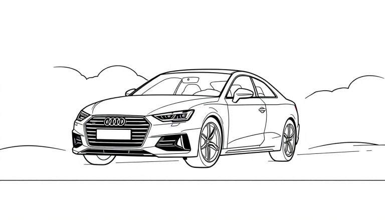 Dessin au trait d'une Audi coupé avec un panneau de coloriage.