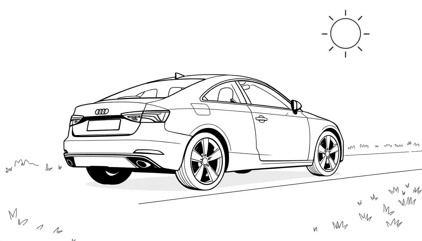 Dessin au trait minimaliste d'une voiture Audi vue de l'arrière, sur une route avec un soleil stylisé.