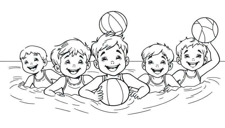 Cinq garçons souriants jouant dans l'eau avec des ballons, illustration en noir et blanc pour un color panel.