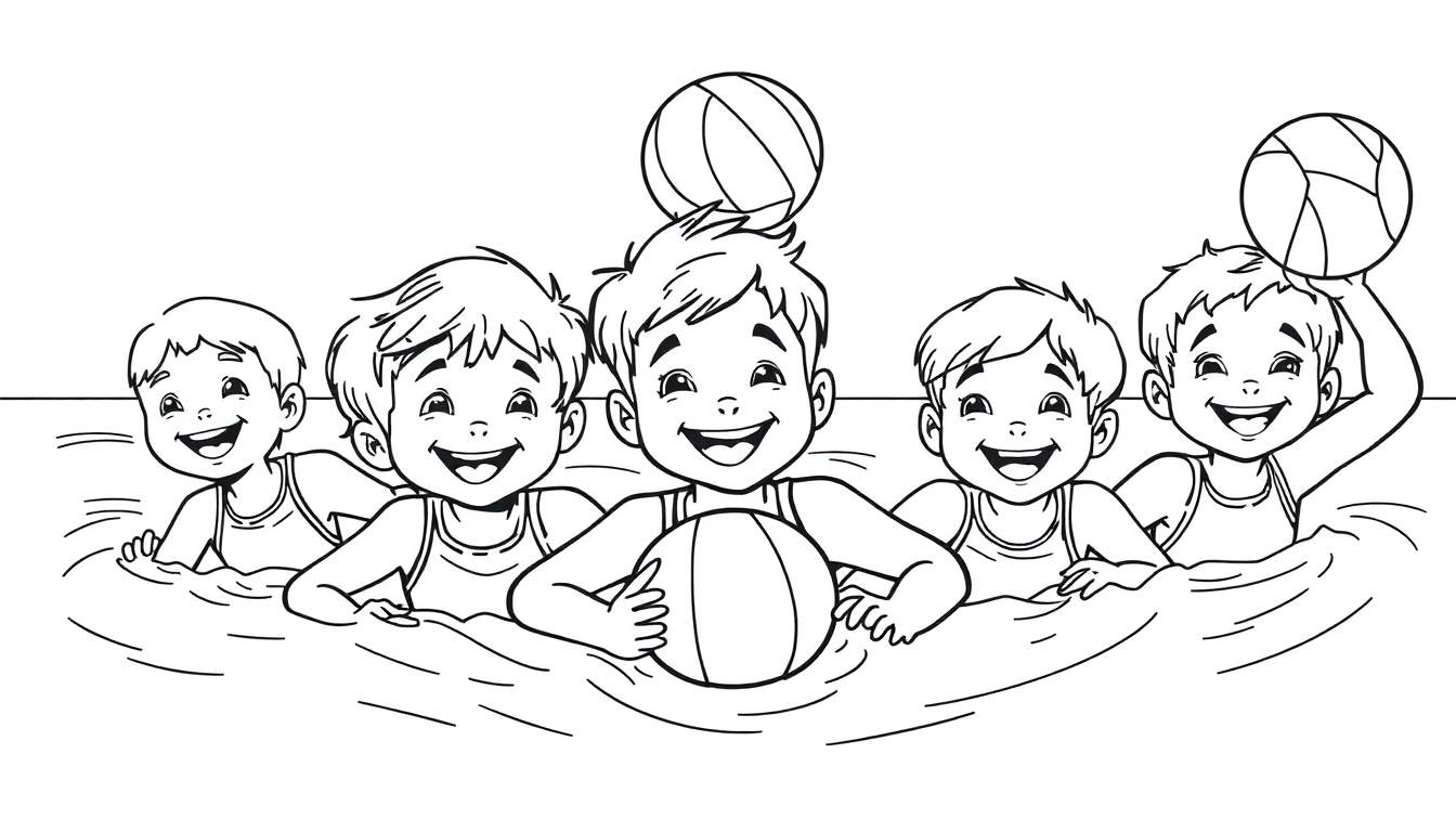 Cinq garçons souriants jouant dans l'eau avec des ballons, illustration en noir et blanc pour un color panel.