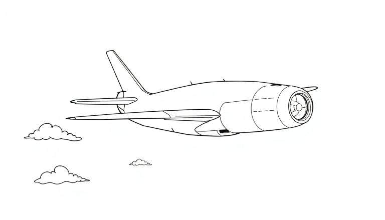 Avion de ligne noir et blanc avec trois petits nuages dans un style dessin animé, color panel.