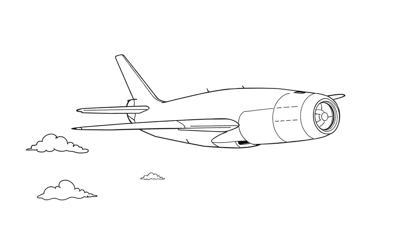 Avion de ligne noir et blanc avec trois petits nuages dans un style dessin animé, color panel.