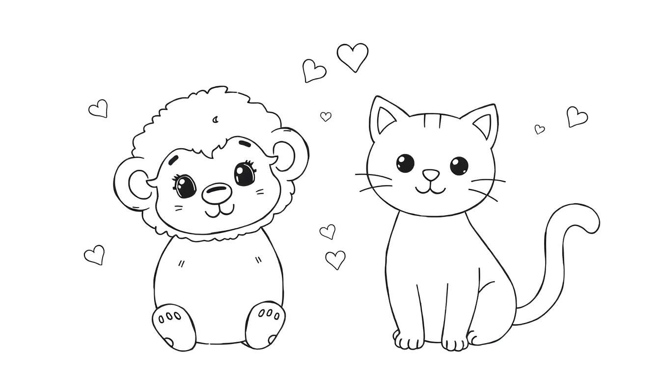 Dessin au trait d'un singe et d'un chat avec des cœurs, idéal pour un color panel.