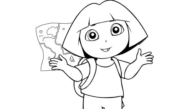 Dora l'exploratrice tenant une carte, prête à colorier un color panel.