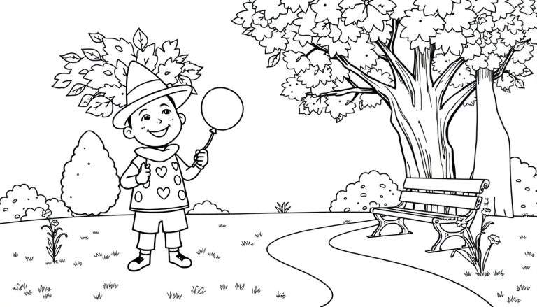 Un garçon en chapeau pointu, pull à cœurs et short tient un ballon dans un parc.