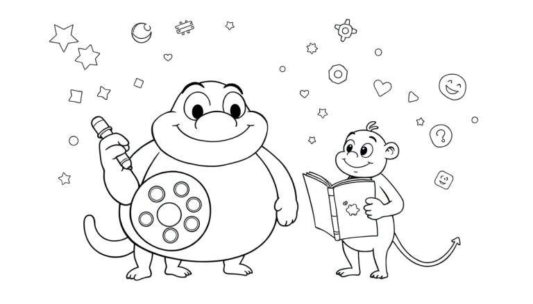 Deux personnages de dessins animés, un grand et rond avec un bouton sur le ventre, et un petit singe tenant un livre, entourés de symboles joyeux, dans un color panel pour enfants.