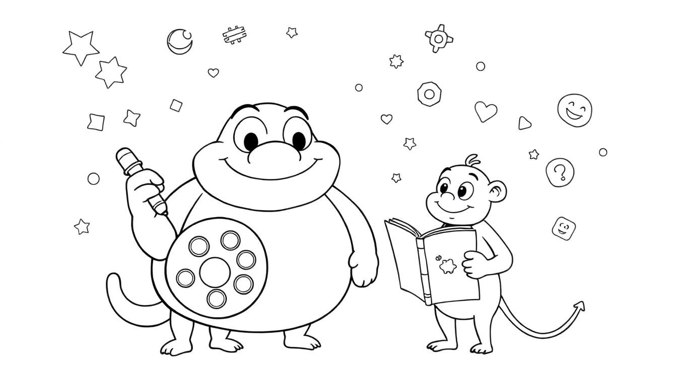 Deux personnages de dessins animés, un grand et rond avec un bouton sur le ventre, et un petit singe tenant un livre, entourés de symboles joyeux, dans un color panel pour enfants.