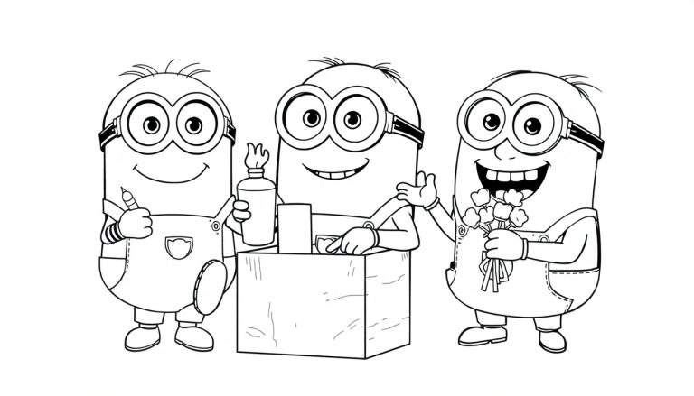 Trois Minions sur un color panel, un tient un crayon et lève le pouce, un autre derrière une boîte avec une bouteille enflammée, et le troisième sourit avec des fleurs et lève le pouce.