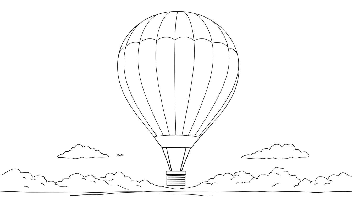 Montgolfière noir et blanc au-dessus des nuages avec des panneaux colorés