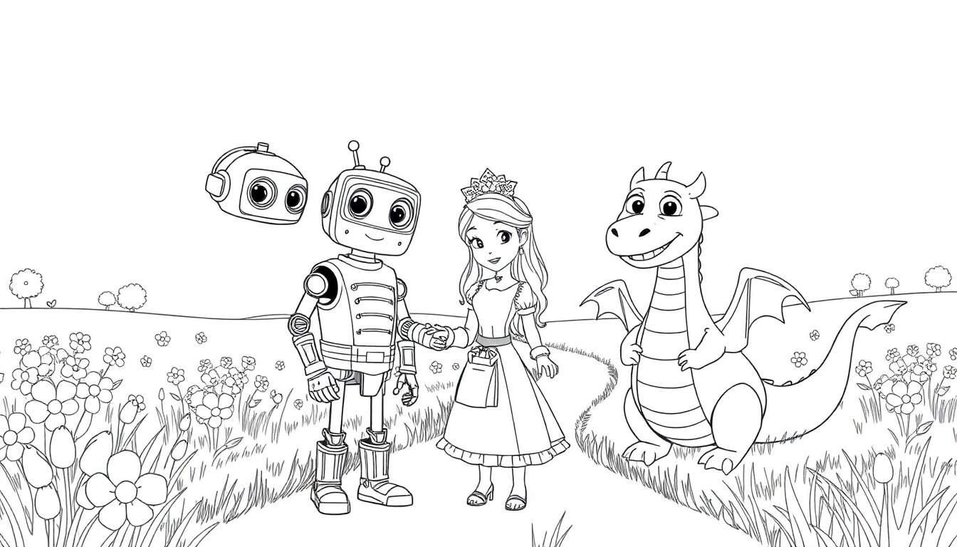 Une princesse, un robot et un dragon dans un champ fleuri, prêt pour une aventure colorée.