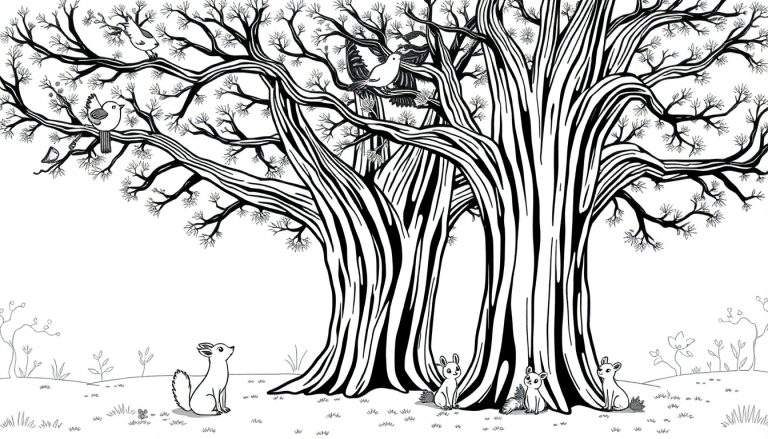 Un dessin au trait d'une forêt avec des arbres, des oiseaux et de petits animaux, comme un color panel.