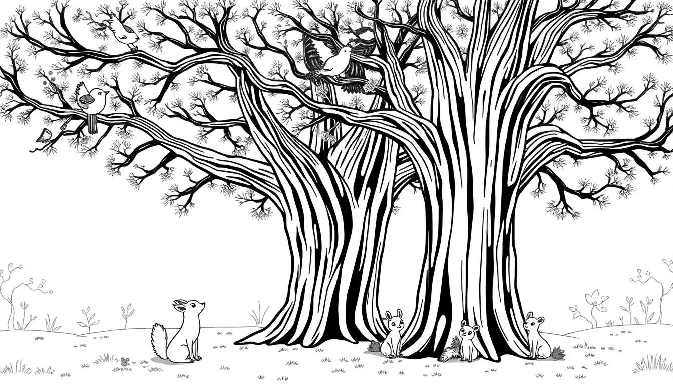 Un dessin au trait d'une forêt avec des arbres, des oiseaux et de petits animaux, comme un color panel.