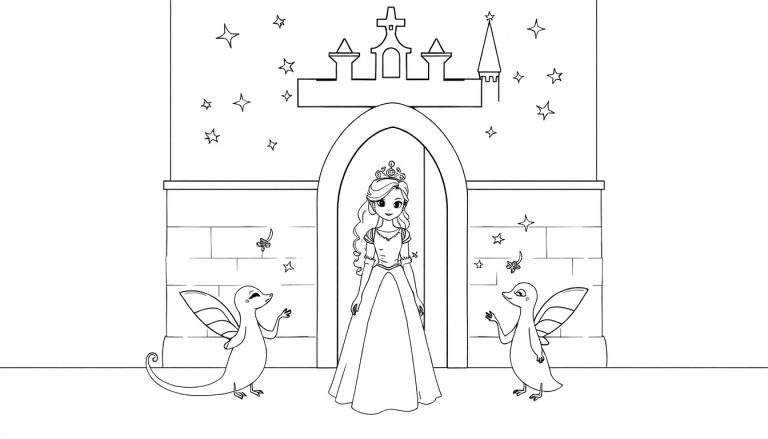 Illustration de livre de coloriage d'une princesse devant un château avec des dragons amis et des étoiles.