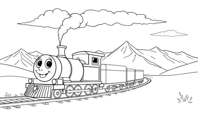 Un train de dessins animés joyeux traversant un paysage montagneux, avec de la fumée s'échappant de sa cheminée.