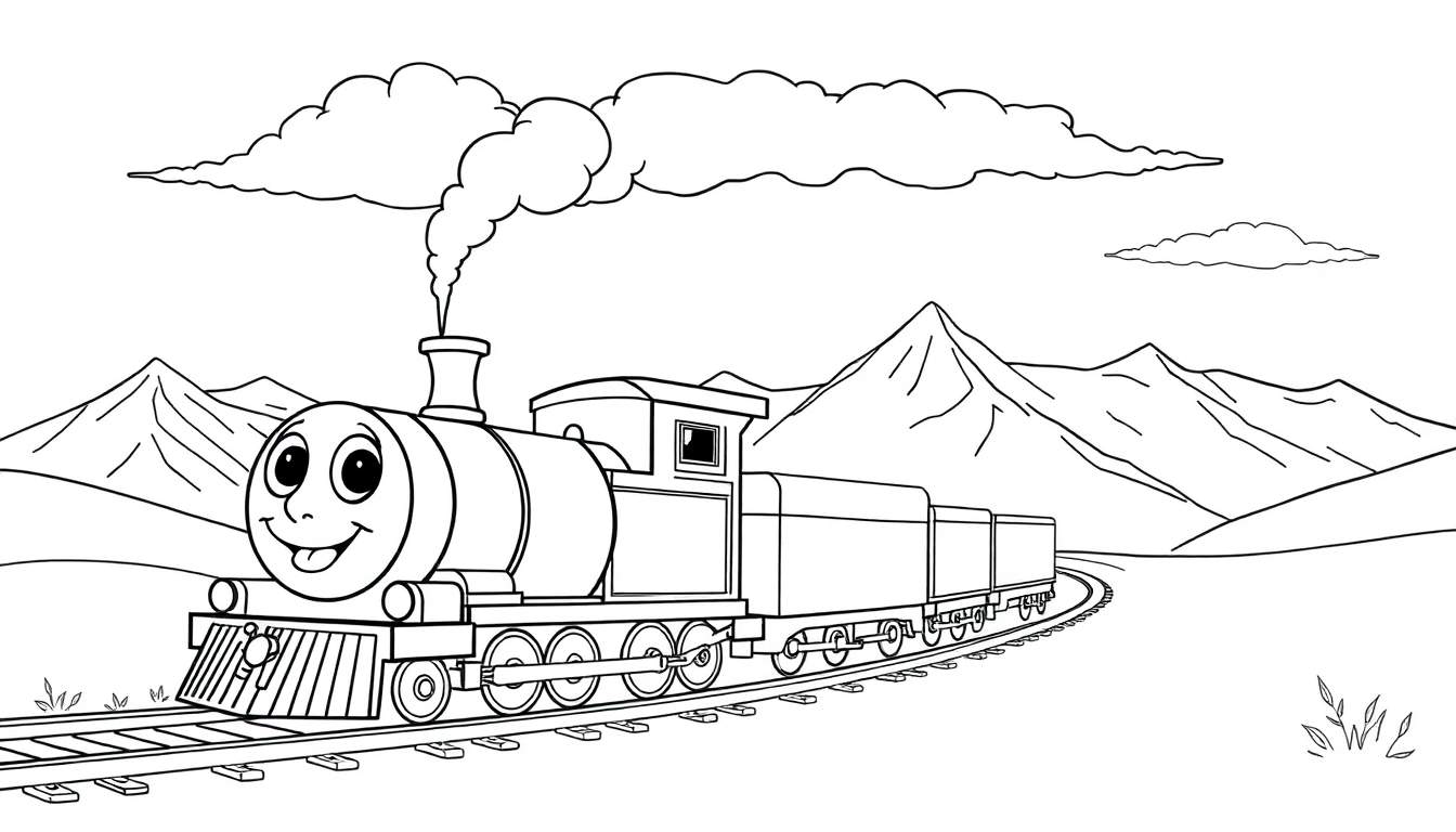 Un train de dessins animés joyeux traversant un paysage montagneux, avec de la fumée s'échappant de sa cheminée.