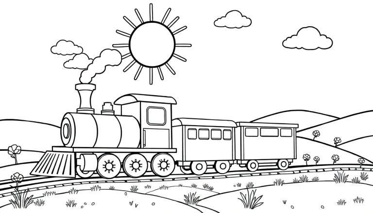 Dessin au trait d'un train à vapeur traversant un paysage vallonné avec un soleil et des nuages.