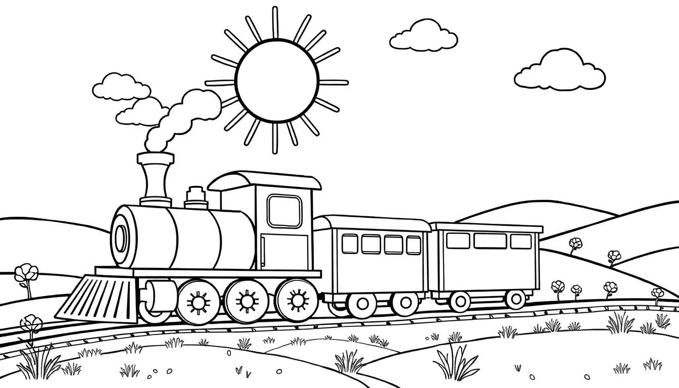 Dessin au trait d'un train à vapeur traversant un paysage vallonné avec un soleil et des nuages.