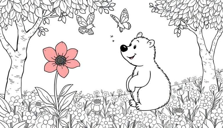 Dessin au trait d'un ours assis au milieu d'un champ de fleurs, avec des papillons et des arbres.