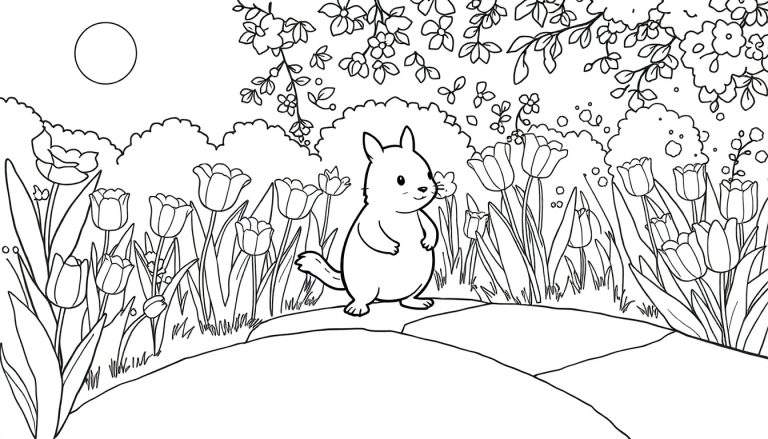 Un petit animal mignon regarde un jardin fleuri.