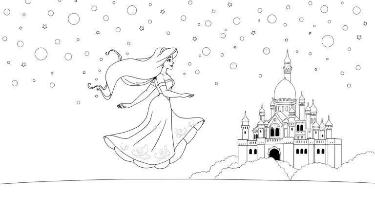 Princesse en robe flottante devant un château, avec des étoiles et des cercles dans un style dessin pour un color panel.