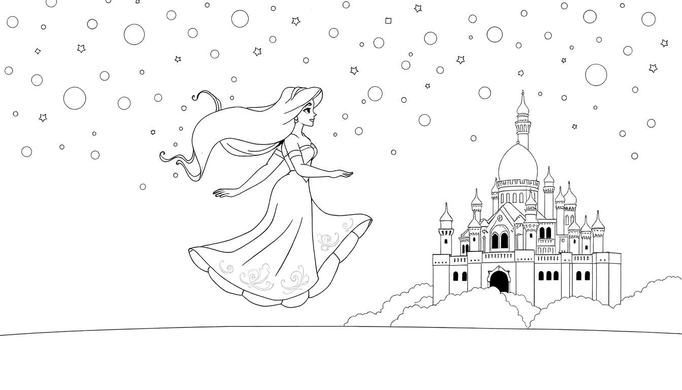Princesse en robe flottante devant un château, avec des étoiles et des cercles dans un style dessin pour un color panel.