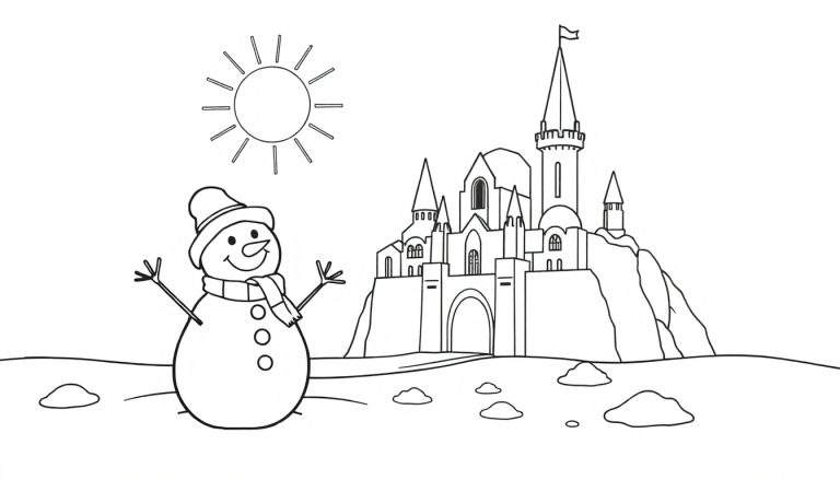 Un bonhomme de neige souriant avec une écharpe et un chapeau, un château imposant en arrière-plan, et un soleil brillant dans un paysage hivernal.