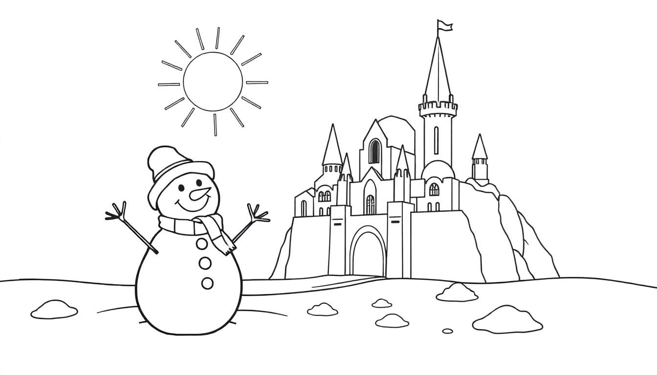 Un bonhomme de neige souriant avec une écharpe et un chapeau, un château imposant en arrière-plan, et un soleil brillant dans un paysage hivernal.