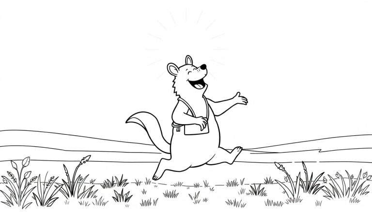 Un opossum anthropomorphe joyeux court dans un champ avec un sac sur l'épaule.