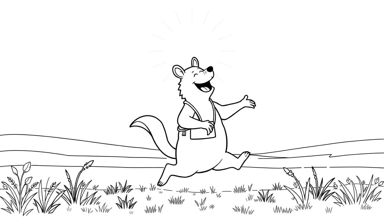 Un opossum anthropomorphe joyeux court dans un champ avec un sac sur l'épaule.