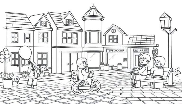 Dessin au trait d'une rue de ville avec des bâtiments de style Lego, des personnages Lego et un lampadaire, avec un color panel.
