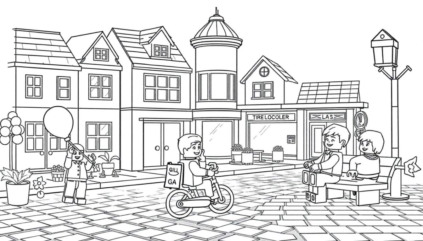 Dessin au trait d'une rue de ville avec des bâtiments de style Lego, des personnages Lego et un lampadaire, avec un color panel.