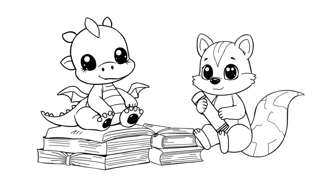Petit dragon chibi et écureuil chibi lisant des livres, color panel